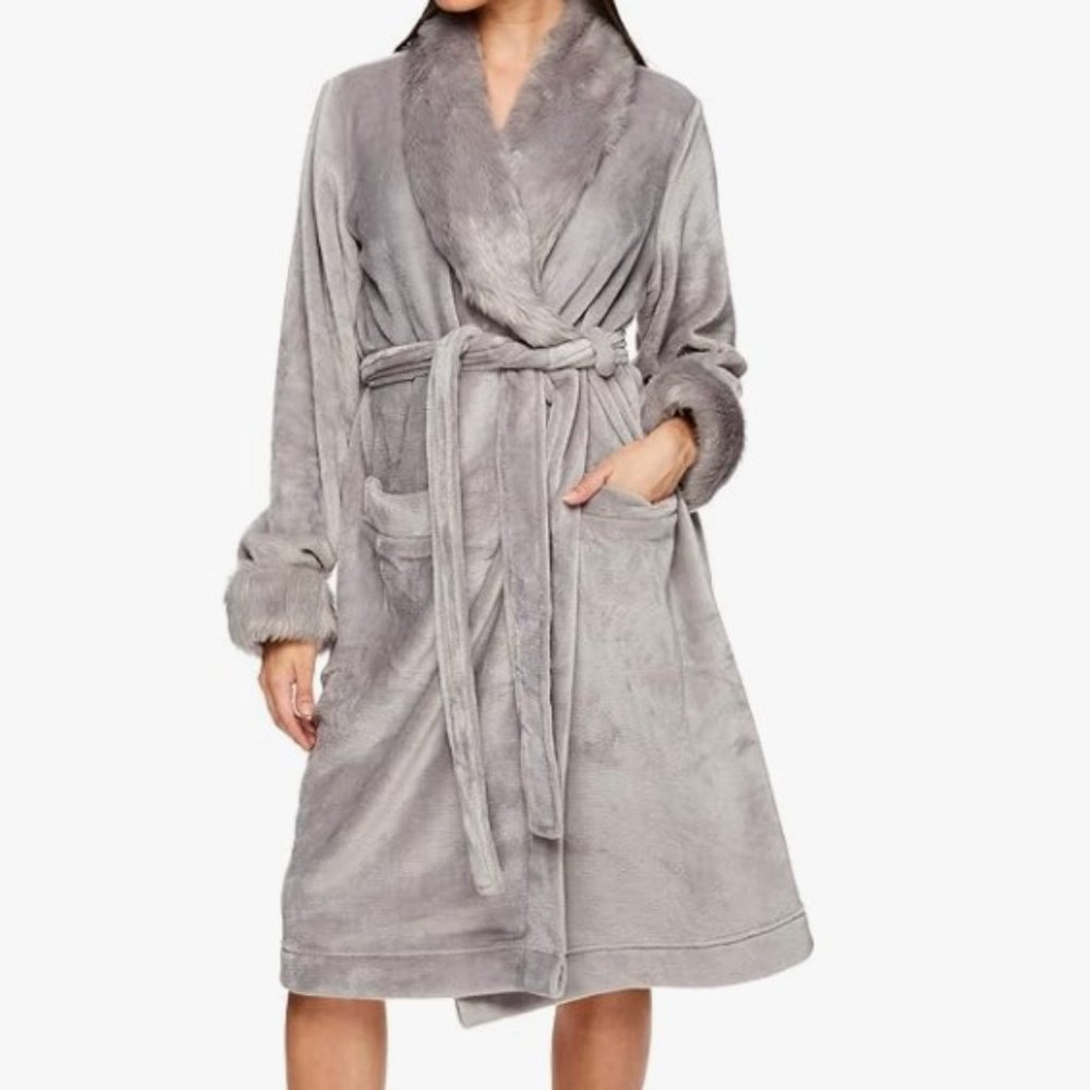 Gray Lightweight Robe with Faux Fur Collar and Cuffs
